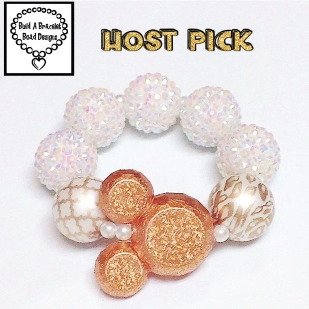 Handmade Girls Mickey Inspired Gold Bracelet Pearl Rhinestone Stretch Cute